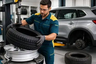 Técnico realizando a troca de pneus em uma borracharia em Criciúma.