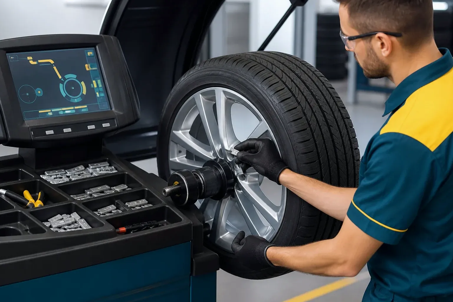 Técnico realizando balanceamento de rodas em Criciúma.